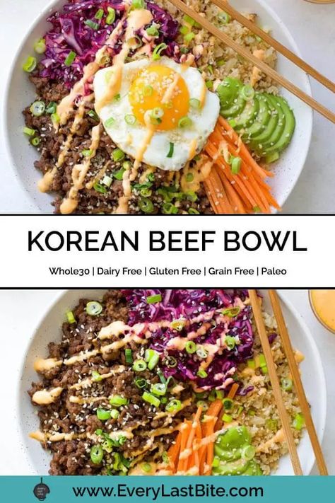 This easy Whole30 Korean Beef Bowl is filling and so flavourful. Caramelized beef, cauliflower rice, shredded cabbage, avocado and carrots are served in a big bowl, topped with a fried egg and drizzled with spicy mayo, it's so so tasty! This recipe takes just 30 minutes to make and is Whole30, Paleo, Gluten Free and Dairy Free. Paleo Bowls, Shaved Beef Recipes, Beef Cauliflower Rice, Shaved Beef Recipe, Ground Beef Bowls, Gina Livy, Beef Cauliflower, Beef Bowl Recipe, Korean Beef Bowl