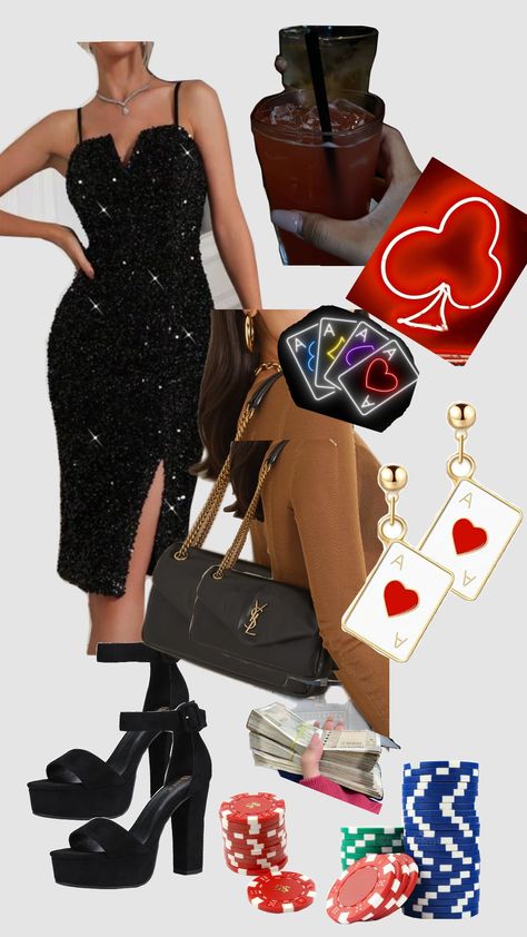 🎰 #casino #casinonight #drinks #lights #neon #blackdress Casino Royale Dress Ideas, Casino Outfit Ideas, Casino Theme Dress, Casino Theme Outfit, Casino Theme Party Outfit Dresses, Casino Aesthetic Outfit, Casino Night Outfit, Casino Costumes, Casino Royale Dress