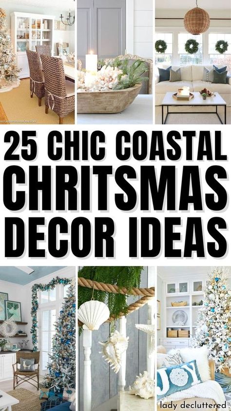 Christmas Decor Ideas Florida, Christmas Beachy Decor, Winter Coastal Bedroom, Seaside Christmas Decorations, Coastal Winter Decor Ideas, Coastal Mantel Decor, Christmas Florida Decorations, Coastal Xmas Decor, Christmas Decor Ideas Beach Theme