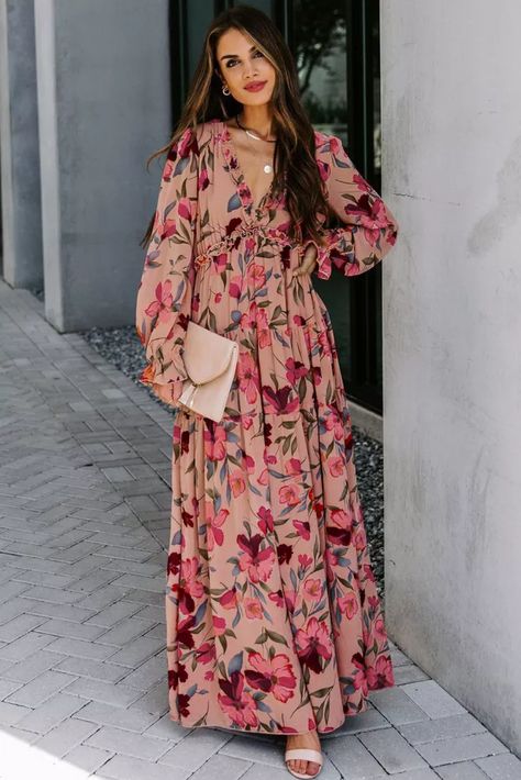 Evening Dresses Cocktail, Women Long Sleeve Dress, Maxi Styles, Maxi Dress Wedding, Pregnancy Maxi Dress, Tiered Maxi Dress, Long Wedding Dresses, Pink Maxi Dress, Wedding Dress Long Sleeve