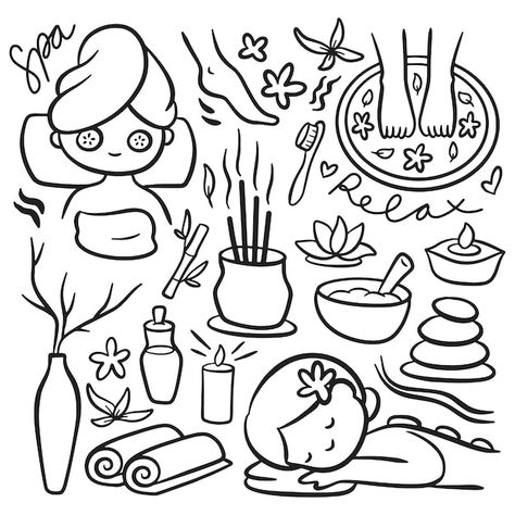 Hand drawn cartoon spa doodle element | Premium Vector #Freepik #vector #massage #spa #spa-stone #spa-elements Massage Drawing Cute, Skin Care Doodle, Spa Doodles, Massage Graphic, Skincare Doodles, Spa Cartoon, Massage Drawing, Relaxing Drawing Ideas, Massage Cartoon