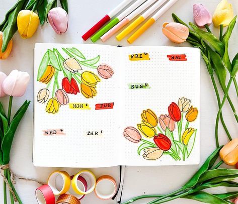 Tulip Bullet Journal, May Calendar Ideas, 2024 Bujo, Bujo Themes, Bouquet Of Tulips, May Bullet Journal, Bullet Journal Month, Journal 2024, Bullet Journal Ideas Templates