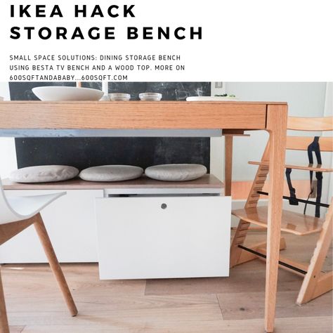 Our small space solution... ikea hack besta storage bench with drawers and hidden charging station. How to on the blog. 600sqft.com   #smallspaces #smalldiningroom #smallspacesolutions #ikeahack Ikea Bench Drawers Hack, Dining Bench With Storage Ikea Hacks, Diy Bench Seat With Drawers, Diy Banquette With Drawers, Bench Drawers, Nordli Kitchen Bench, Ikea Hack Bench Storage, Ikea Besta Bench Seat Hack, Ikea Dining Bench Hack