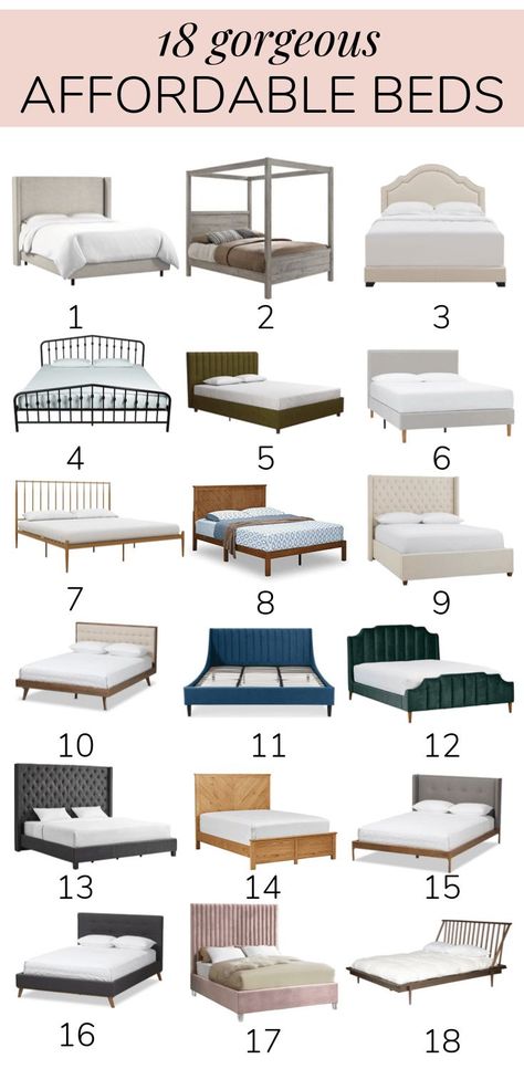 Beautiful affordable beds in every style! If you're looking for a cheap bed frame, this post will have one you'll love! Cute Cheap Bed Frames, Wood And Upholstered Bed Frame, Tufted Upholstered Bed Frame, Cheap Cute Bed Frames, King Bed Frame Cheap, Modern Boho Bed Frame, Best King Bed Frame, Best Bed Frames King, Affordable Queen Bed Frame