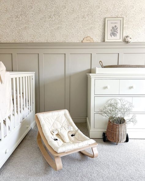 Nursery With White Wainscoting, Wallpaper And Panelling Nursery, Nursery Decor Panelling, Paneled Walls Nursery, Diy Wainscoting Nursery, Board Batten Nursery, Wall Paneling Ideas Nursery, Nursery Wood Paneling, Chair Rail Ideas Nursery