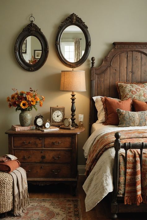 20 Fall Bedroom Decor Ideas – ToolzView Vintage Wood Nightstand, Antique Guest Bedroom, Thrifted Home Decor Inspiration, French Apartment Bedroom, Bedroom Cottage Core, Oak Bedroom Ideas, Old Fashioned Bedroom, Primitive Bedroom Decor, Wood Bedroom Ideas