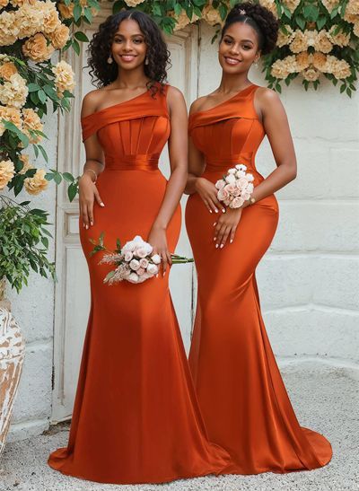 Trumpet/Mermaid Asymmetrical Sweep Train Charmeuse Bridesmaid Dresses Best Maid Dresses Designs, Dresses For Mother Of The Bride, African Bridesmaid Dresses Design, African Maid Of Honour Dresses, Bridal Satin Dress Style, Mother In Law Wedding Dress, Bridal Train Dresses, Decent Bridesmaid Dresses, Mermaid Dress Design