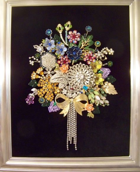 my bouquet of rhinestones created with vintage brooches, earrings, rhinestone and placed in a shadowbox frame. Jewelry Shadow Box, Brooch Display, Old Jewelry Crafts, Costume Jewelry Crafts, Jeweled Christmas Trees, Jewerly Displays, Vintage Jewelry Ideas, Jewelry Frames, Vintage Jewelry Repurposed