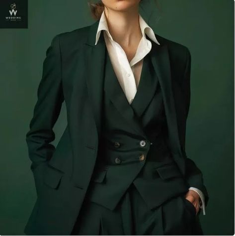 Dark Feminine Outfits, Three Piece Suit Women's, Green Suit Women, 3 Piece Suit Women, Wedding Suit Women, Dressy Pant Suits, Formal Suits For Women, Women Suits Wedding, Woman In Suit