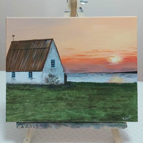 Country Side Painting Acrylic, Home Acrylic Painting, Easy Farm Paintings For Beginners, Big Canvas Painting Ideas Landscape, House Paintings Acrylic, Acrylic Painting Canvas Landscapes Easy, Acrylic Painting Ideas On Canvas Nature, Simple Acrylic Paintings Landscape, Acrylic Landscape Paintings Easy