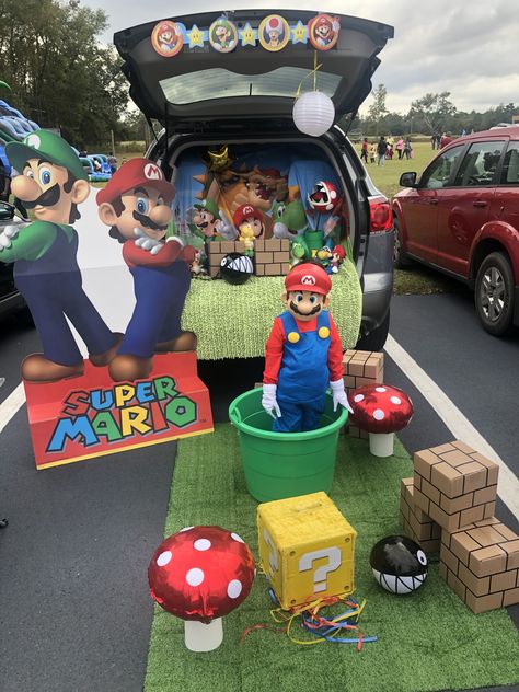 Super Mario Cart Trunk Or Treat, Super Mario Bros Trunk Or Treat Diy, Mario Party Trunk Or Treat, Super Mario Trunk Or Treat Ideas For Cars, Mario World Trunk Or Treat, Super Mario Themed Trunk Or Treat, Mario Theme Trunk Or Treat, Super Mario Halloween Party, Mario Halloween Party