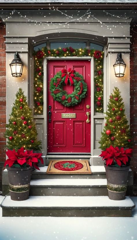 Check out these 21 front door decor ideas that are sure to wow your guests and boost your curb appeal instantly. --- A festive front door decorated for Christmas. The door is painted a vibrant red and adorned with a lush green wreath decorated with red berries and a gold bow. Flanking the door are small evergreen trees wrapped in twinkling fairy lights and set in rustic planters. The steps are lined with poinsettias and a welcoming doormat with a Christmas theme. Snow lightly dusts the scene, Small Evergreen Trees, Front Door Decor Ideas, Door Decor Ideas, Front Door Christmas Decorations, Rustic Planters, Modern Christmas Decor, Christmas Front Doors, Christmas Porch Decor, Christmas Decorations Living Room