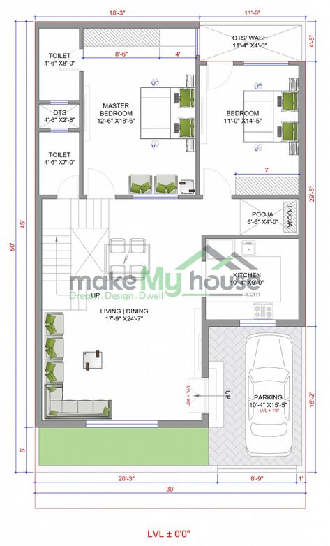 Make My House offers a wide range of Readymade House plans at affordable price. This plan is designed for 30x50 South West Facing Plot having builtup area - 1500 SqFT with Modern Floorplan for Duplex House. Duplex Design House Plans Layout, 30 X 50 House Plans South Facing, 30x50 South Facing Plans, South East Facing House Plan Vastu, 30x40 South Facing House Plans, 30 60 Feet House Plan South Facing, 30x 60 House Plans, 30x 50 House Plans, 30x65 House Plans