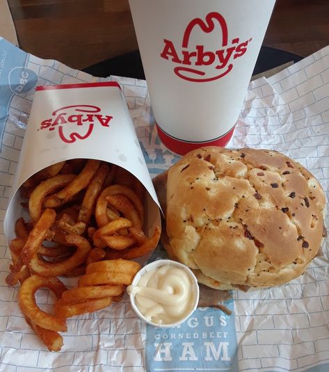 LUNCH 5/1/2018:  Arby's Classic Roast Beef and Cheddar Sandwich, Curly Fries, Horsey Sauce Beef And Cheddar Sandwich, Classic Roast Beef, Horsey Sauce, Cheddar Sandwich, Beef And Cheddar, Roast Beef And Cheddar, Classic Roast, Curly Fries, Savory Food