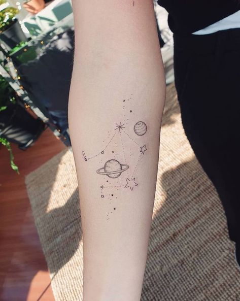 Fine line Libra constellation and galaxy tattoo on the Planet Moon And Stars Tattoo, Libra Tattoos Constellation, Fine Line Astronomy Tattoo, Stars And Galaxy Tattoos, Space Constellation Tattoo, Minimal Galaxy Tattoo, Universe Fine Line Tattoo, Tattoo Ideas Constellations, Constellation Libra Tattoo