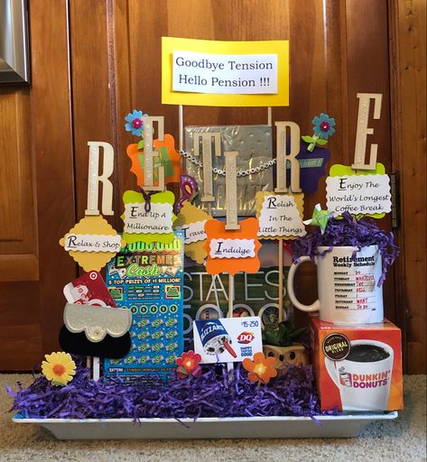 Pe Teacher Retirement Gifts, Retire Gift Basket, Retirement Gift Card Bouquet, Retire Basket, Mom Retirement Gift Ideas, Teacher Retirement Gift Basket, Retirement Gift Basket For Men, Retirement Gifts For Men Diy, Teacher Retirement Gifts From Coworkers