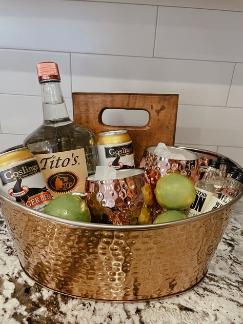 Chilton Drink Gift Basket, S’mores Silent Auction Basket, How To Make A Raffle Basket, Good Raffle Prizes, Raffle Prize Basket Ideas, Bar Baskets Gift Ideas, Stag And Doe Baskets Prize Ideas, Moscow Mule Basket Gift Ideas, Booze Gift Basket Ideas