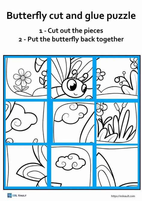 5 free butterfly cut and paste printables - ESL Vault Butterfly Puzzle, Printable Butterfly, Spring Kindergarten, Butterfly Cut, Make Learning Fun, Butterfly Printable, Number Puzzles, Spring Activities, White Butterfly