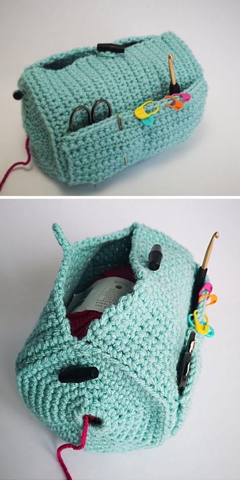 a crocheted bag with crochet tools Crochet Yarn Bag, Small Crochet Gifts, Crochet Organizer, Crochet Ball, Cozy Crochet Patterns, Crochet Storage, Crochet Bag Pattern Free, Mode Crochet, Crochet Tools