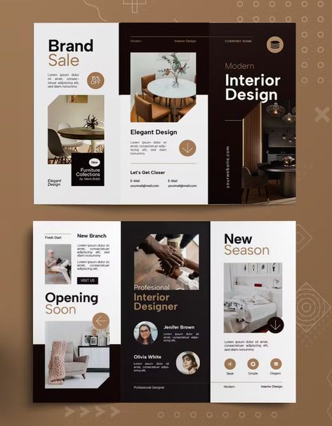 Interior Design Trifold Brochure Template AI, EPS, PSD Poster For Interior Design, 3fold Brochure Design, Design Folder Ideas, Brosure Design Ideas, Interior Broucher Design, Brochure Flyer Design, Interior Design Brochure Ideas, Broucher Ideas Design, Brochure Furniture Design