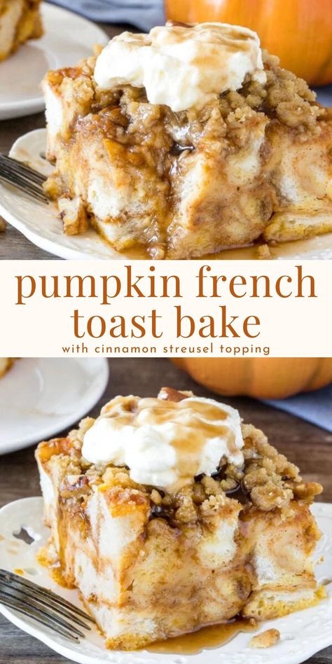 This pumpkin French toast casserole is extra fluffy with a comforting pumpkin spice flavor and cinnamon streusel on top. It's the perfect breakfast for when you have visitors because you can prep everything the night before and pop in the oven to bake the next morning #pumpkinspice #breakfastcasserole #breakfast #pumpkinfrenchtoast #frenchtoastbake #frenchtoastcasserole from Just so Tasty https://www.justsotasty.com/pumpkin-french-toast-casserole/ Pumpkin French Toast Bake, Pumpkin French Toast Casserole, French Toast Casserole Recipe, Dessert Pumpkin, Fall Recipes Breakfast, Pumpkin Breakfast, Pumpkin French Toast, Cinnamon Streusel, Toast Casserole