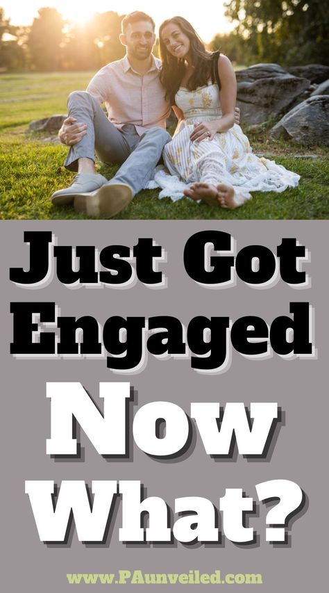 This is a Pinterest pin that has a photo of a recently engaged couple on top. The woman is in a dress and barefoot. The man is in a button up shirt. The text below the photos reads: Just Engaged, Now What? Wedding Playlist Covers Aesthetic, How To Choose A Wedding Date, How To Pick A Wedding Date, What To Do After Engagement, How To Plan A Wedding, Engaged Now What, Wedding Planning Help, Just Got Engaged, Pa Wedding Venues