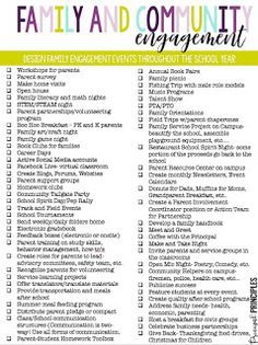 Family and Community Engagement Checklist Parent Engagement Activities, Parent Engagement Ideas, Parent Involvement Activities, Engagement Checklist, Community Engagement Activities, Family Literacy Night, Preschool Family, Family Involvement, Family Communication