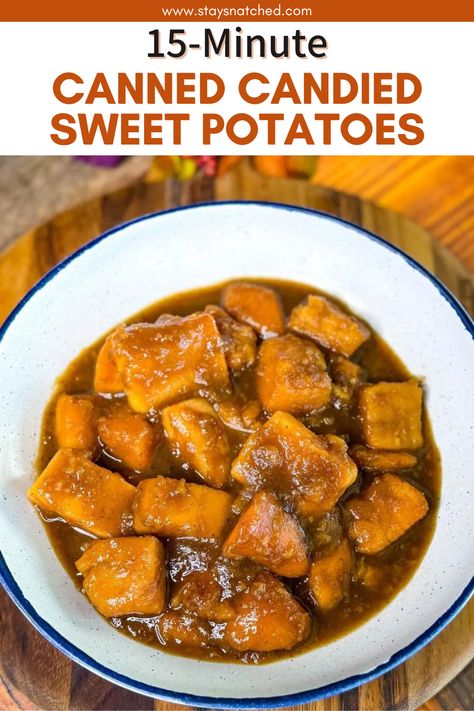 These 15-minute canned candied sweet potatoes are an easy side dish for Thanksgiving. Simply coat in a buttery brown sugar glaze, sprinkled with cinnamon and nutmeg and cooked in a skillet until they are glazed with all the the sweet goodness. This is a classic Southern dish for your holiday table. Sweet Potatoe Casserole Recipes Using Canned Sweet Potatoes, Sweet Potato Recipes With Canned Sweet Potatoes, Sweet Potato Recipes Using Canned Sweet Potatoes, Sweet Potatoes From Can Recipes, Candied Canned Sweet Potatoes, Canned Sweet Potatoes Casserole, Sweet Potato In A Can Recipe, Easy Sweet Potato Recipes Canned, How To Make Canned Yams Better