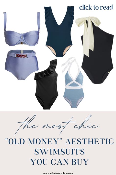 Here are the classiest swimsuits to buy right now if you are wanting to channel the "old money" aesthetic this summer! French Style Bikinis, European Summer Swimsuit, Elegant Swimwear Classy Bathing Suits, Old Money Bathing Suits, Feminine Old Money Aesthetic, Classy Bathing Suits, Old Money Swimsuit, Old Money Beach Aesthetic, Old Money Swimwear