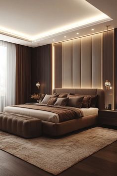 Modern Bedroom Lighting, Cozy Bedroom Design, Brown Rooms, Comfy Bedroom, Beige Bedroom, Bedroom Wall Designs, Brown Bedroom, Bedroom Decor Design, Bedroom Refresh