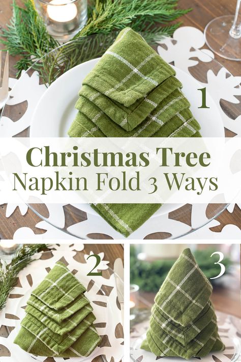 Christmas Tree Folded Napkins, Easy Christmas Napkin Folding, Napkin Christmas Tree, Tree Napkin Fold, Fold A Napkin, Christmas Tree Napkin Fold, Napkin Christmas, Christmas Tree Napkin, Christmas Dinner Table Settings