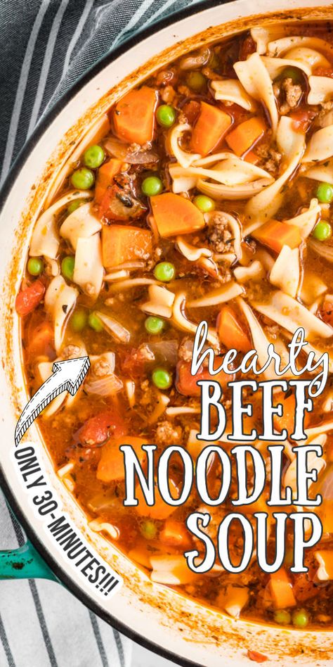 A pot of soup with noodles, ground beef, carrots and peas in a broth. Vegetable Beef Noodle Soup Recipes, Ground Beef Noodle Soup Recipes, Vegetable Noodle Soup, Beef Soup Recipes, Soup With Ground Beef, Beef Noodle Soup, Homemade Soup Recipe, Vegetable Beef Soup, Keto Plan