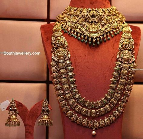 Bridal Temple Jewellery Sets, Temple Jewellery Long Haram, Indian Bridal Jewelry Sets Gold Temple Jewellery, Antique Necklace Gold Indian Temple Jewellery, Gold Temple Jewellery Necklace Set, Temple Gold Jewellery, Antique Haram Designs Gold, Temple Jewellery Necklace, Temple Jewellery Set