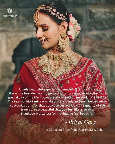 Mortantra Bride - The 2 words that bring a cheer of joy and immense warmth in our hearts everytime we receive love in the form of pictures and testimonials ✨❤️ “A truly beautiful experience being a Mortantra Bride. It was the best decision to go for Mortantra Jewellery for the most special day of my life. It completely amped-up my look for THE DAY. The team of Mortantra was absolutely lovely and even helped me in customizations for that absolute perfect look. The quality of the jewels are so... Mortantra Jewellery, Receive Love, Indian Bridal Jewellery, Bridal Jewellery Indian, Day Of My Life, The Team, How To Feel Beautiful, Of My Life, Special Day