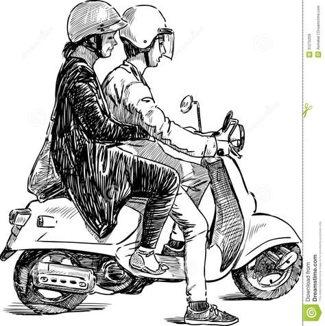 Wedding Vespa, Scooter Couple, Couple On Motorcycle, Vespa Vector, Motorcycle Vector, Black Pen Drawing, Buddhist Art Drawing, Life Sketch, Pen Art Work