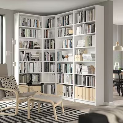 Shelving Units, Bookcases & Pantry Storage - IKEA Ikea Office Standing Shelves, Tv Corner Wall Unit, Shelving Office Wall, Nursery Bookcase Ikea, Book Office Design, Home Library White Shelves, Bookcase Tv Unit Bookshelves, Ikea Bookcase Corner, Corner Shelves Bookshelves