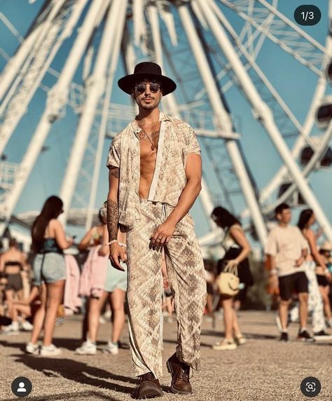 Mens Cochella Outfits For Men, Coachella Looks Men, Man Coachella Outfit, Tomorrowland Men Outfit, Festival Outfits Men Coachella, Men's Rave Outfits, Mens Rave Outfits Edm Festival Fashion, Cowboy Festival Outfit Men, Mens Burning Man Outfits