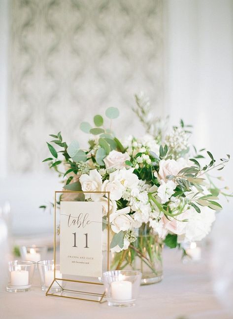 INSTAGRAM Formal Modern Classic Wedding Reception Decor, Gold Table Number Sign, White and Blush Pink Roses, Eucalyptus, and Greenery Floral Centerpiece Greenery Wedding Centerpieces, Flowers And Candles, Green Wedding Inspiration, Wedding Reception Table Decorations, Rustic Wedding Decorations, Flower Centerpieces Wedding, Floral Ideas, Spring Table, Wedding Table Decorations