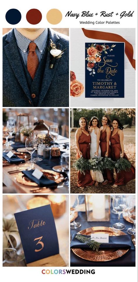 Navy Rust And White Wedding, Navy Copper Gold Wedding, Cooper And Navy Blue Wedding Colors, Rust And Navy Bridesmaid Dress, Rust And Navy Wedding Party, Navy And Gold Bridesmaid Dresses, Navy Blue Groomsmen Suits Terracotta, Cinnamon And Navy Wedding, Navy And Rust Wedding Decor