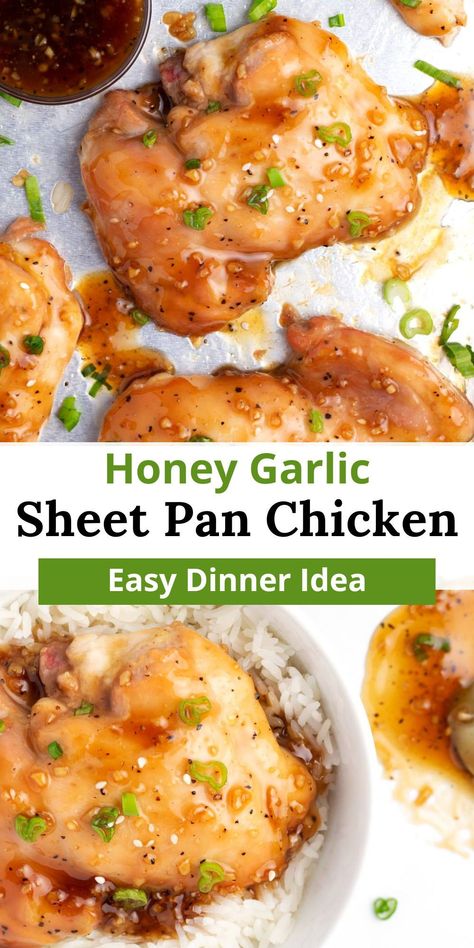 Easy Weeknight Sheet Pan Chicken: Enjoy this honey garlic chicken recipe featuring boneless, skinless chicken thighs baked in a sweet & sticky glaze. Quick to make, this 25-minute meal requires just a few ingredients and is perfect served over rice! Quick Boneless Skinless Chicken Thigh Recipes, Boneless Skinless Chicken Thigh Recipes Honey Garlic, Boneless Chicken Thigh Recipes Sheetpan, Baked Chicken Thigh Recipes Boneless, Honey Garlic Chicken Without Soy Sauce, Honey Garlic Chicken Sheet Pan, Easy Boneless Skinless Chicken Thigh Recipes, Chopped Chicken Thigh Recipes, Boneless Skinless Thighs Recipe