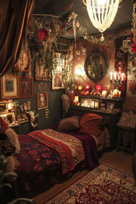 Witchy Purple Bedroom, Room Types Bedroom Ideas, Witchy Bedroom Aesthetic Cozy, Fantasy Inspired Home Decor, Dark Green Whimsigoth Bedroom, Whimsigoth Room Ideas, Bedroom Witch Aesthetic, Dark Whimsical Decor, Modern Witch Bedroom