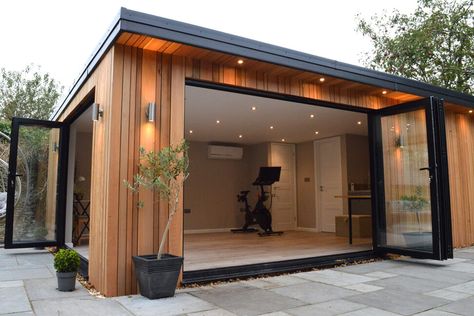 Garden Gym And Office, Studio In Garden, Garden Studio Bedroom, Adu Home Gym, Garden Office Gym, Shed Office With Bathroom, Garden Room Addition, Cedar Cladding Garden Room, Pool House With Office