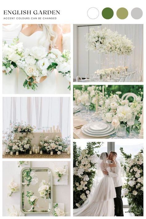 Experience a timeless English garden wedding this Spring season. A minimalistic green-and-white color palette partnered with an outdoor venue equals the English Garden Wedding Theme. English Garden Wedding Theme, Green Spring Wedding, Pastel Wedding Theme, Green Wedding Decorations, Wedding Theme Color Schemes, Spring Wedding Color Palette, Black And White Wedding Theme, White Wedding Decorations, Wedding Themes Spring