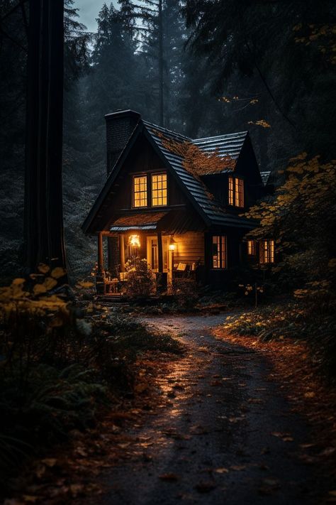 fall aesthetic Dark Cabin Interior Aesthetic, Cabin In The Woods Mountain, Secluded House Aesthetic, Cabin In Forest Aesthetic, Cabin In The Woods Aesthetic Dark, Fall Cabin Aesthetic, Fall Mood Aesthetic, Fall House Aesthetic, House In The Woods Aesthetic