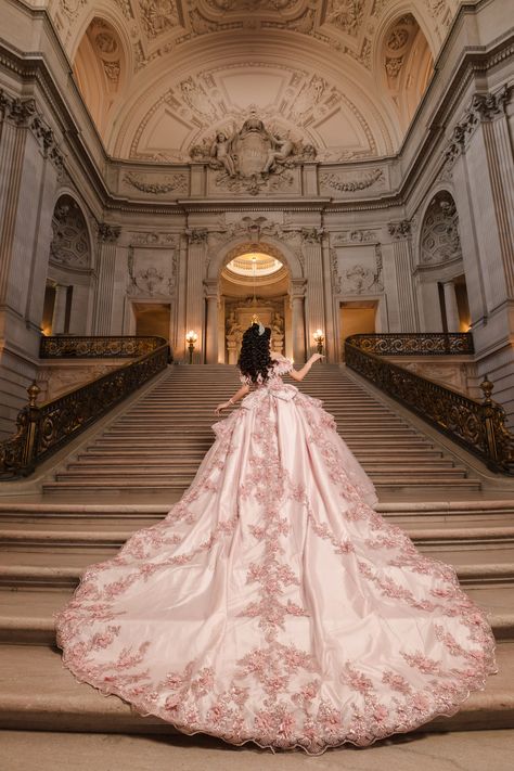 Stunning train of quinceanera's pink princess dress for San Francisco City Hall pre-event session captured by wedding and portrait photographer based in Sacramento CA Quinceanera Dresses Train, Quinceanera Dresses With Train, Long Train Quinceanera Dresses, Pink Princess Quinceanera Dress, Luxury Quinceanera Dresses, Quince Dresses Pink Princesses, Quinceanera Dresses Long Tail, Quinceanera Dresses Pink And White, Pink Princess Wedding Dresses