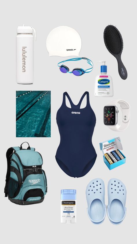 Swimming aesthetic Swimming Athlete Aesthetic, Swim Class Outfit, Swimming Gear Aesthetic, Swimming Classes Aesthetic, Swimming Workout Aesthetic, Competitive Swim Aesthetic, Swim Bag Aesthetic, How To Look Good While Swimming, What To Pack For A Swim Meet