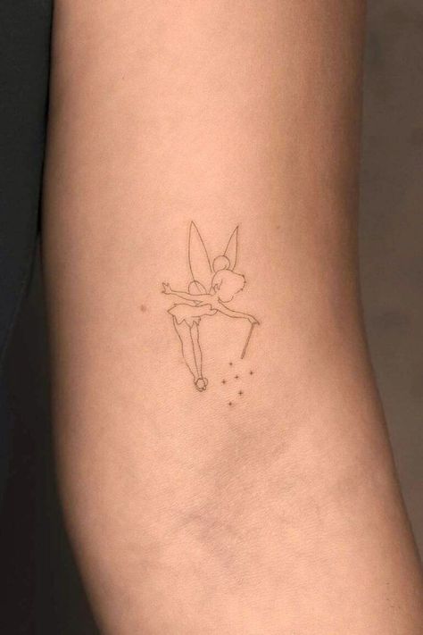 28 Hottest Tinker Bell Tattoo Ideas and Designs #tattoo #art #outline #template #portfolio #idea #neck #minimalist #inspiration Evangeline Princess And The Frog Tattoo, Tinker Bell Tattoo Design, Tiny Tinkerbell Tattoo Ideas, Disney Tattoos Fine Line, Minimalistic Disney Tattoo, Disney Tattoos Minimalist, Disney Outline Tattoo, Princess Tiana Tattoo Ideas, Fine Line Disney Tattoo