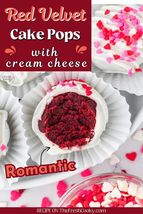 Whip up these Red Velvet Cake Pops With Cream Cheese for a sweet and romantic dessert! My red velvet cake pops have a little less sugar compared to cake pops made with frosting, ours are made with cream cheese. Get the easy recipe from thefreshcooky.com #redvelvetcakepops #lowersugarcakepops Cake Pop Without Frosting, Cake Pop With Cream Cheese, Cake Pops Made With Cream Cheese, Easy Chocolate Cake Pops Recipe, Fun Fetti Cake Pops, Cake Pops Recipe Red Velvet, Cake Pop Red Velvet, Cake Pop Icing Recipe Frostings, Red Velvet Balls Easy