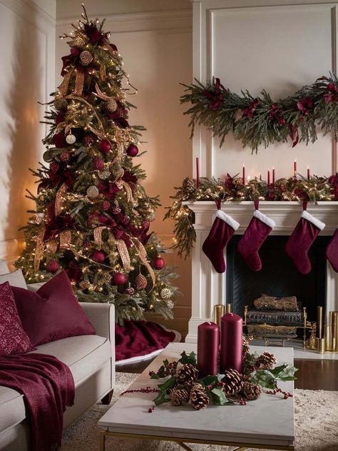 burgundy christmas decor 30 House Decoration For Christmas, Picture Wall Christmas Decor, Christmas Decor Ideas Burgundy And Gold, Deep Green And Red Christmas Tree, Christmas Dekoration Ideas, Burgundy And Brown Christmas Decor, Christmas Tree Themes Colors Red Decorating Ideas, Burgundy And Emerald Christmas Tree, Burgundy Dark Green Christmas Tree