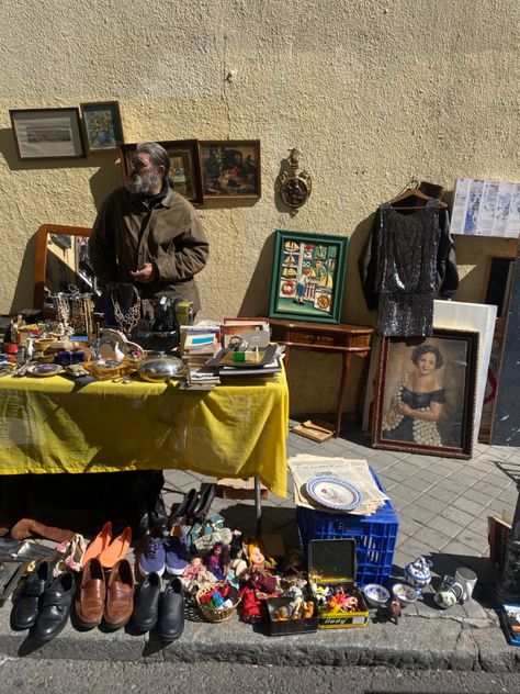 Random street at Rastro street market in Madrid Madrid Streets Aesthetic, Vintage Market Aesthetic, Study Abroad Madrid, Madrid Spain Aesthetic, Summer Streets, Spain Streets, Madrid Aesthetic, Market Aesthetic, Study Spanish